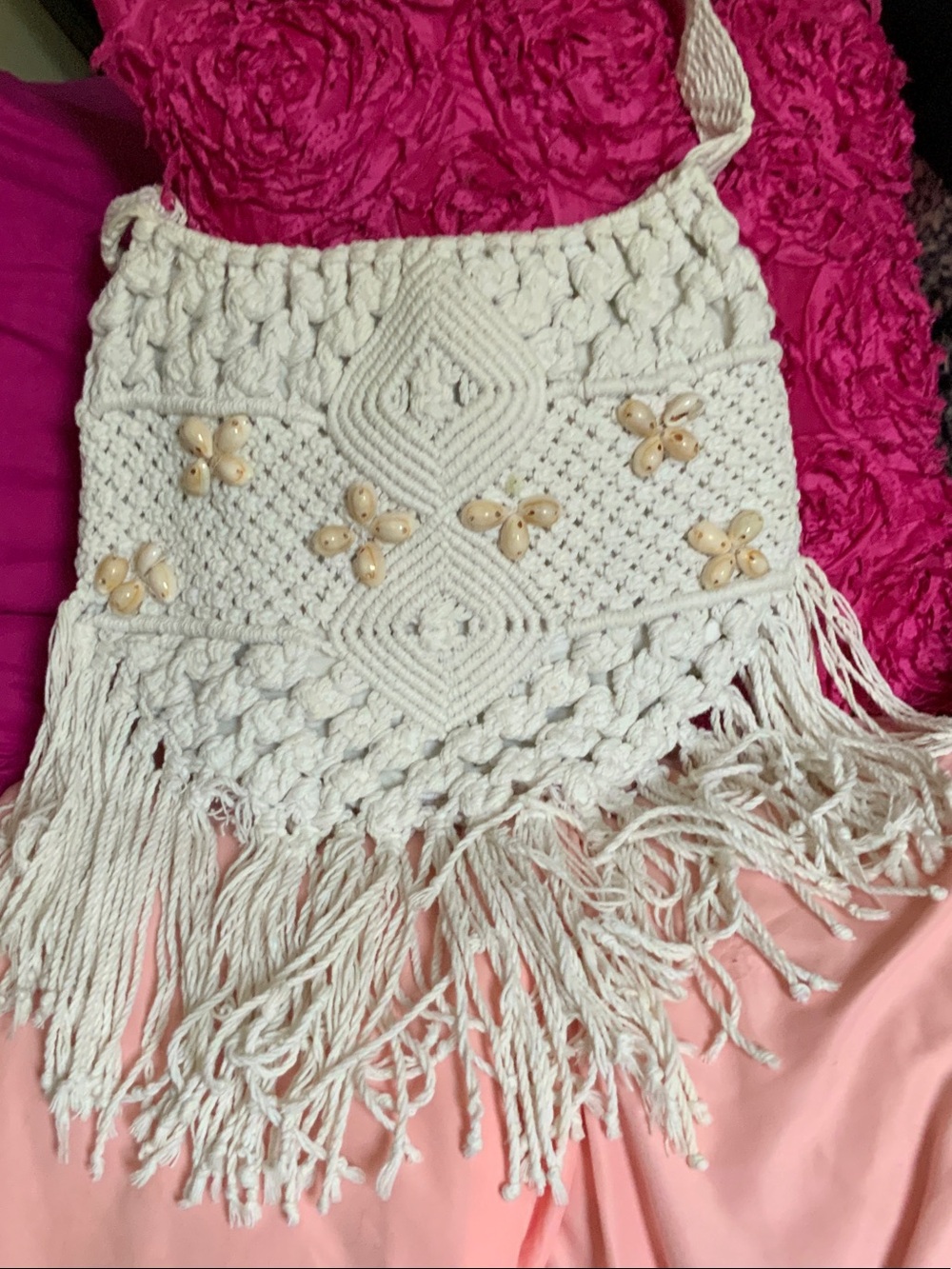 Express Cream Macramé Fringe Shoulder Bag